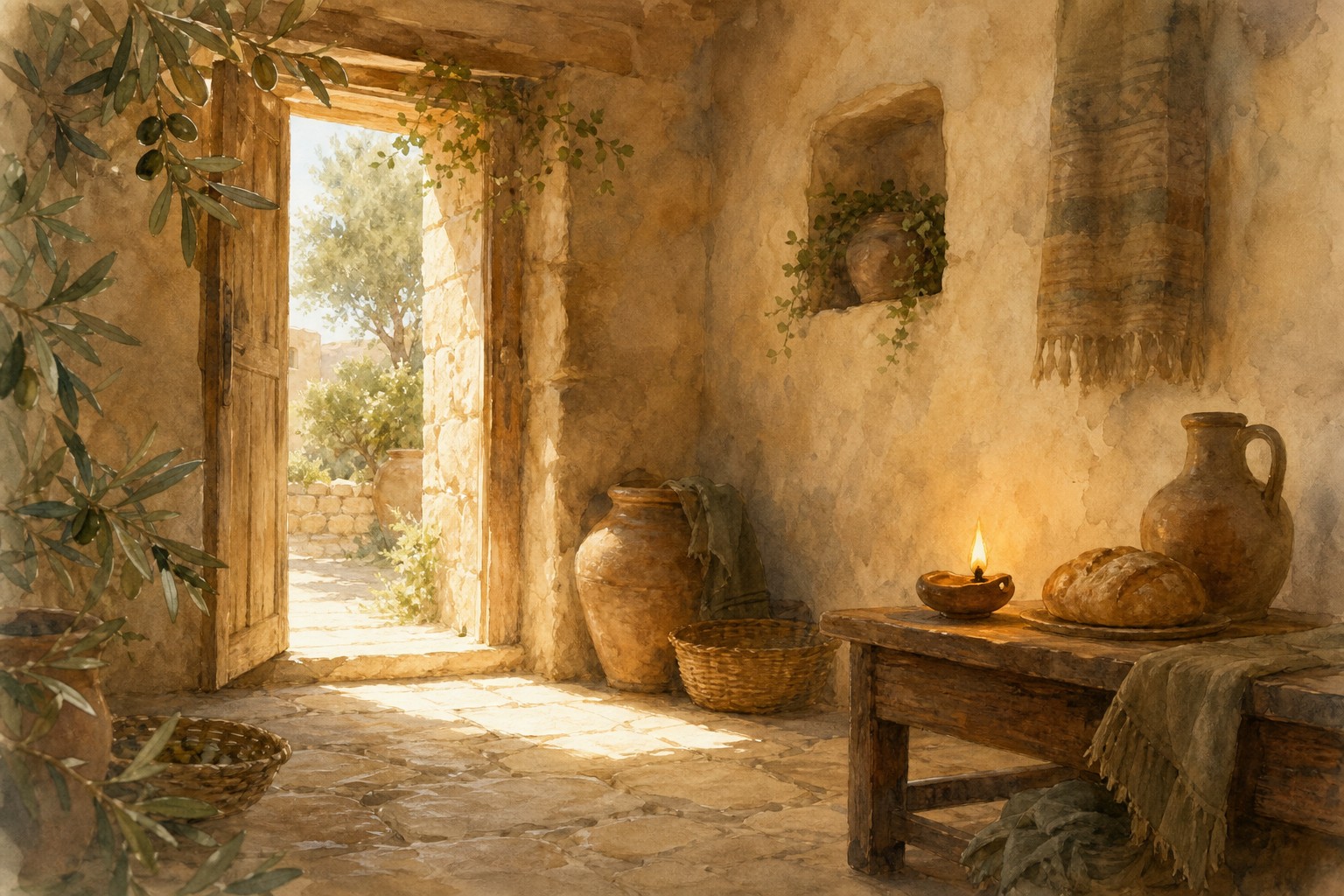Watercolor of an ancient stone home with an open doorway, olive branches, and an oil lamp on a table